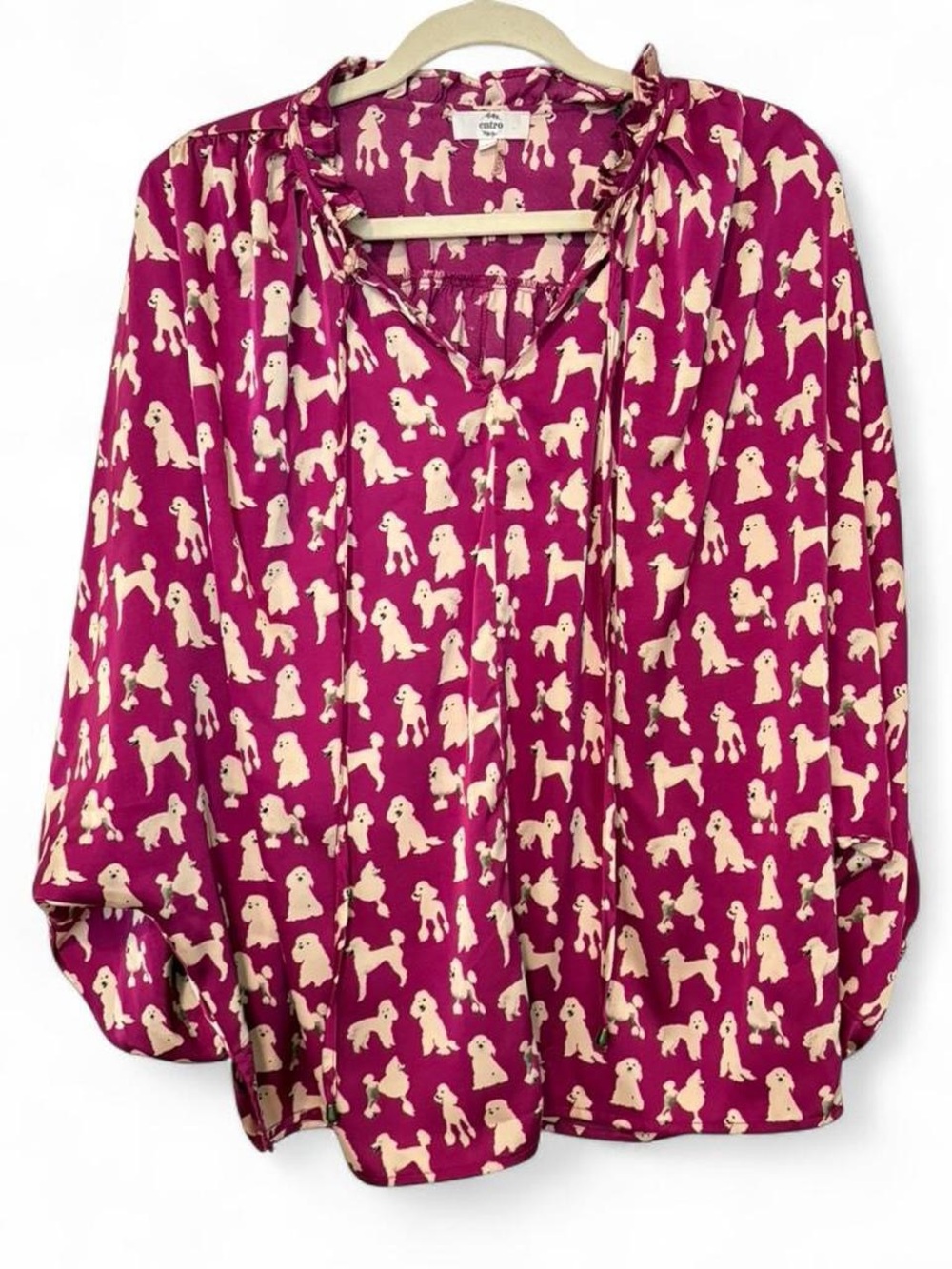 Adorable oversized fit flowy satin fun poodle print top women’s Large